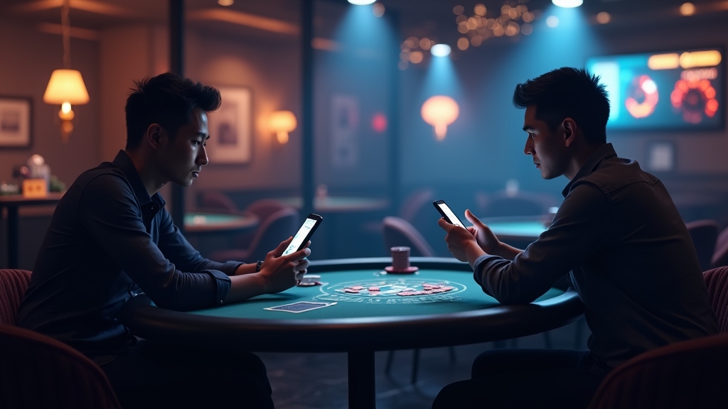 Ein Spieler prüft Auszahlungsdauer und Limits auf dem Smartphone im Casino-Umfeld.