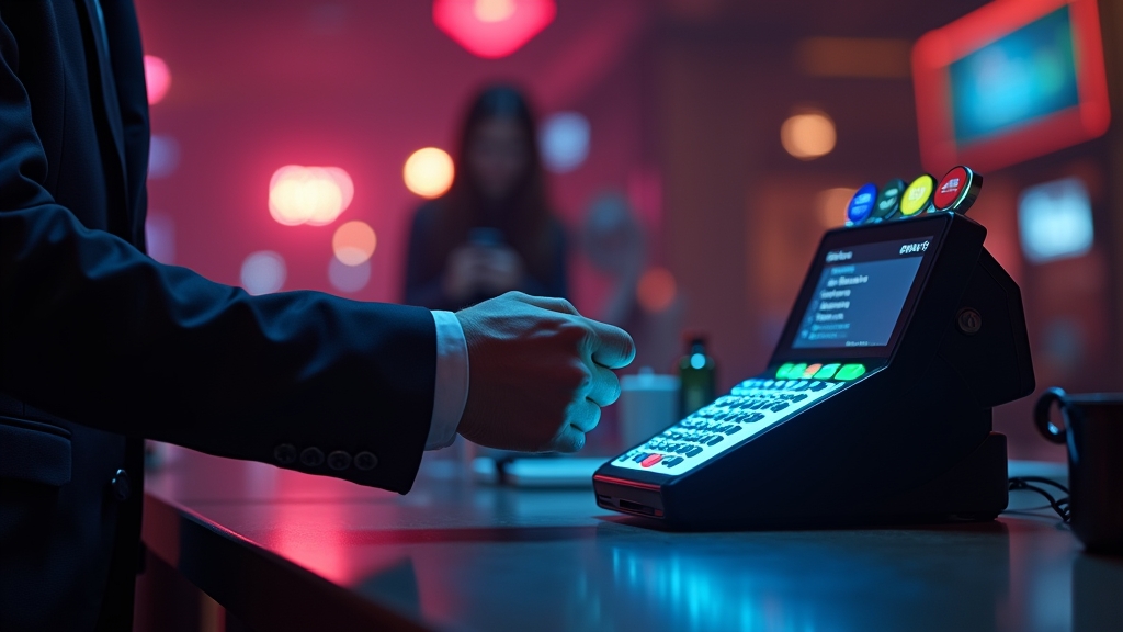 Ein Spieler bestätigt eine Einzahlung an einem hell leuchtenden Casino-Terminal.